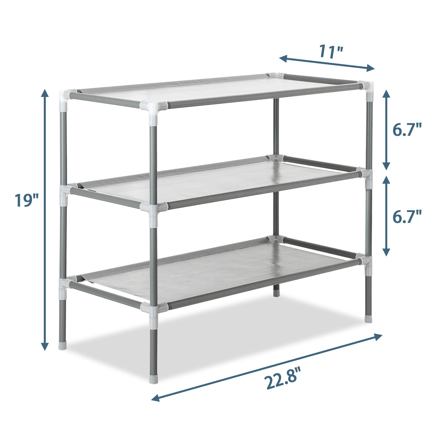 Measurement diagram of the gray 3-tier shoe rack showing overall dimensions and height between each tier.