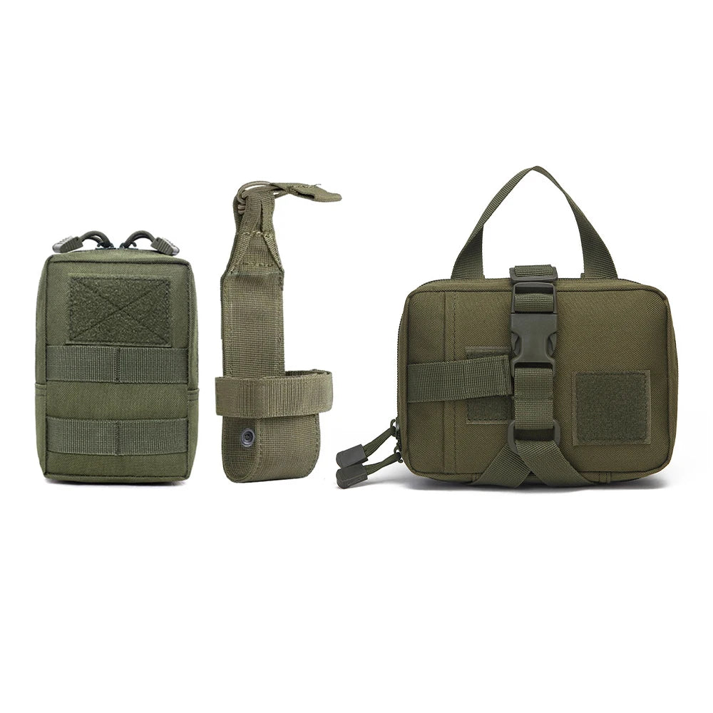Olive green tactical MOLLE pouch set for large dogs, includes three utility pouches.