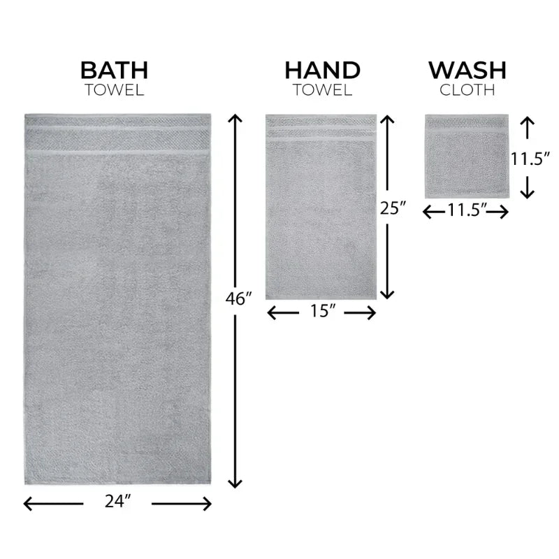 Diagram showing dimensions of bath towel, hand towel, and wash cloth on a white background.