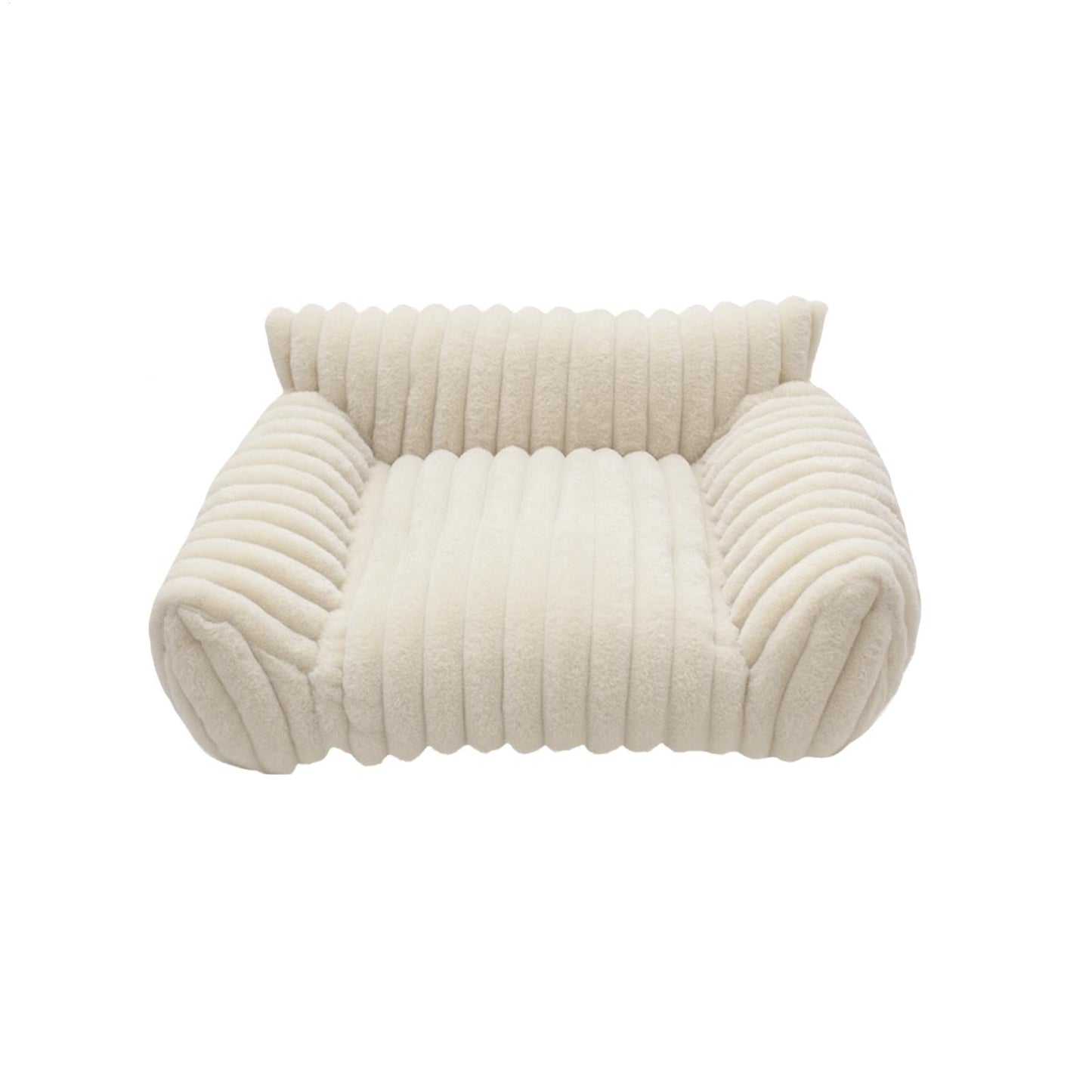 Beige textured armchair shaped pet bed on a white background