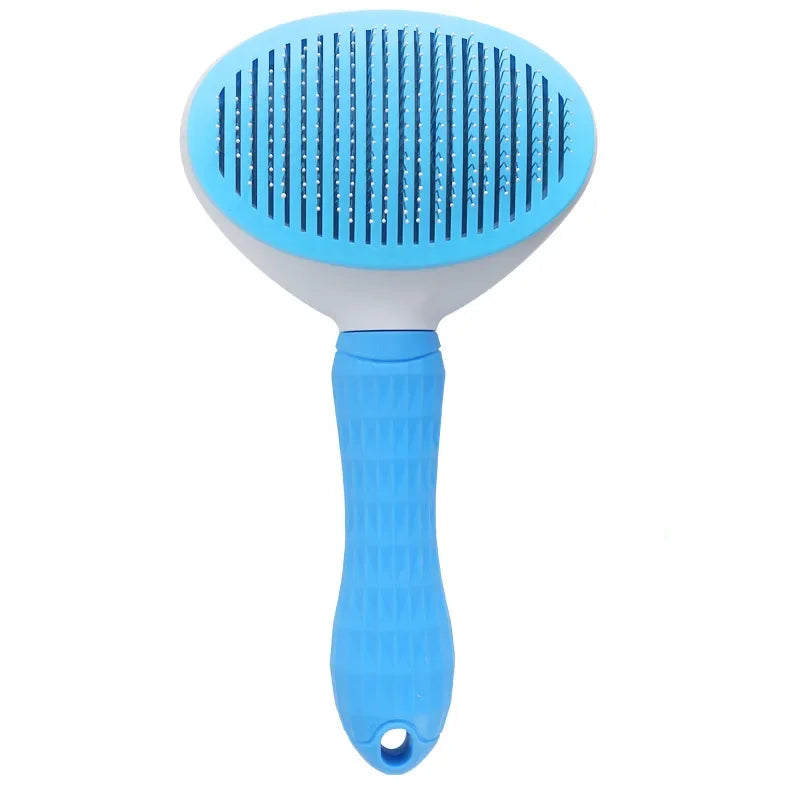 Blue pet grooming brush with a curved oval head and stainless steel bristles. Features a non-slip textured handle and one-click self-cleaning mechanism.