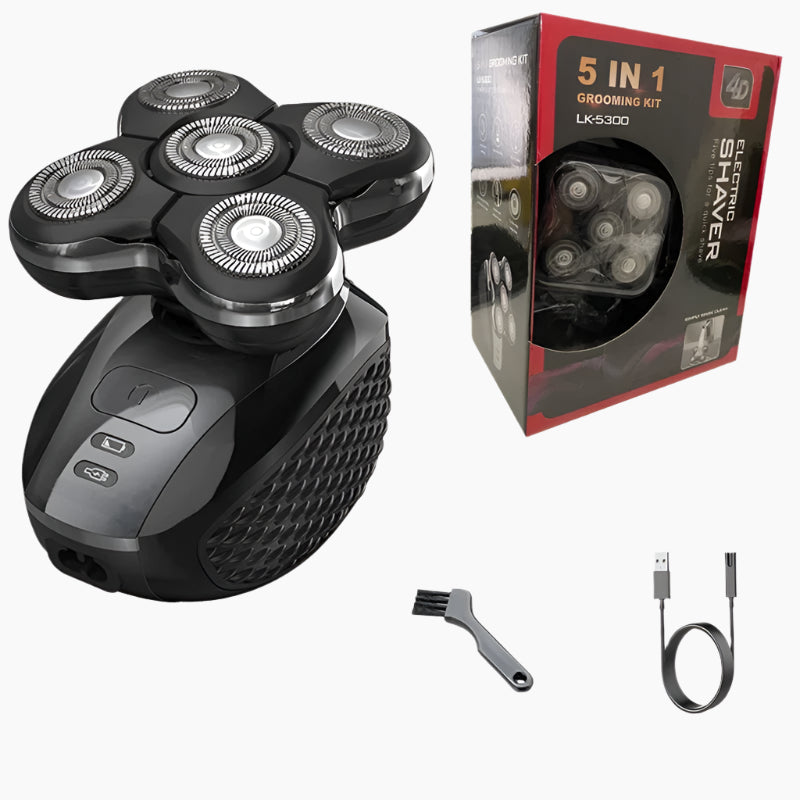 Cordless Head Shaver with five rotary blades, shown alongside product packaging, cleaning brush, and USB charging cable.
