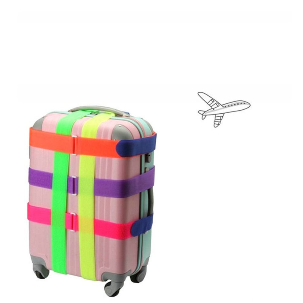 Multiple colorful luggage straps securing a pink suitcase, demonstrating strong and visible hold for travel.