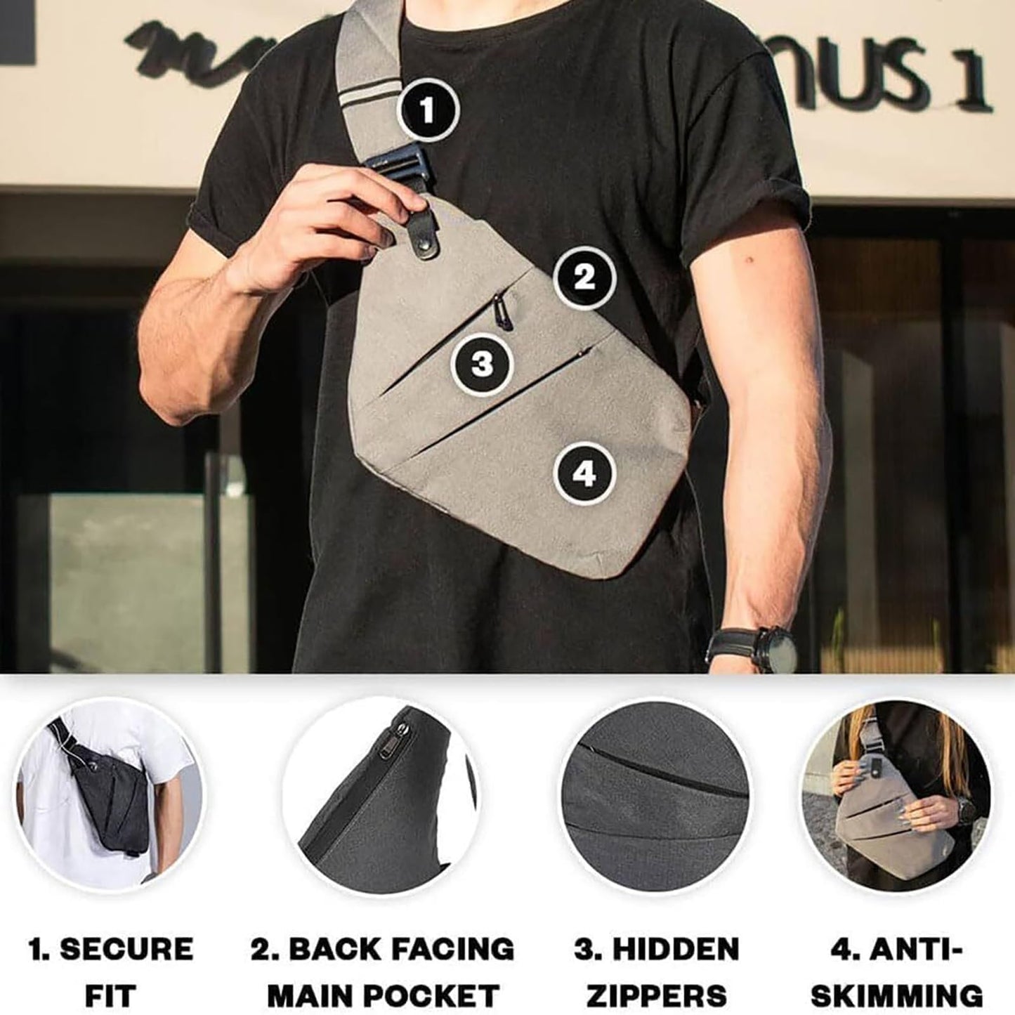 Man wearing light grey chest bag with labeled features: hidden zippers, secure fit, anti-skimming design