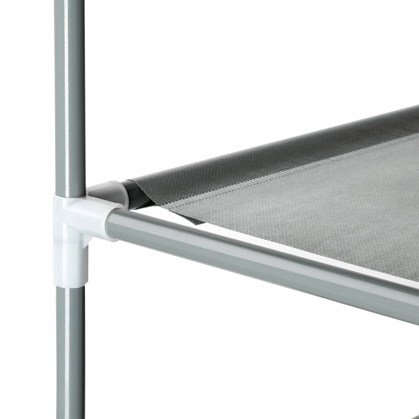 Close-up view of gray non-woven fabric shelf on the 3-tier shoe rack showing fabric texture and corner connection details.