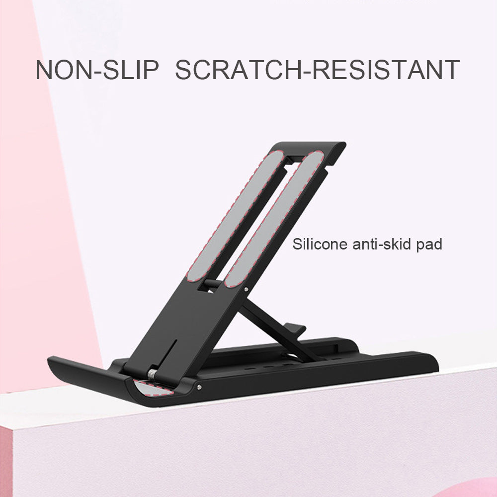 Descriptive photo with words "Non-Slip Scratch-Resistant" and " silicone anti-skid pad" with a Adjustable black Phone Stand