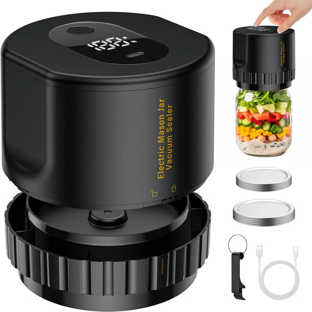 Black cordless mason jar vacuum sealer with included accessories and one-touch use illustration