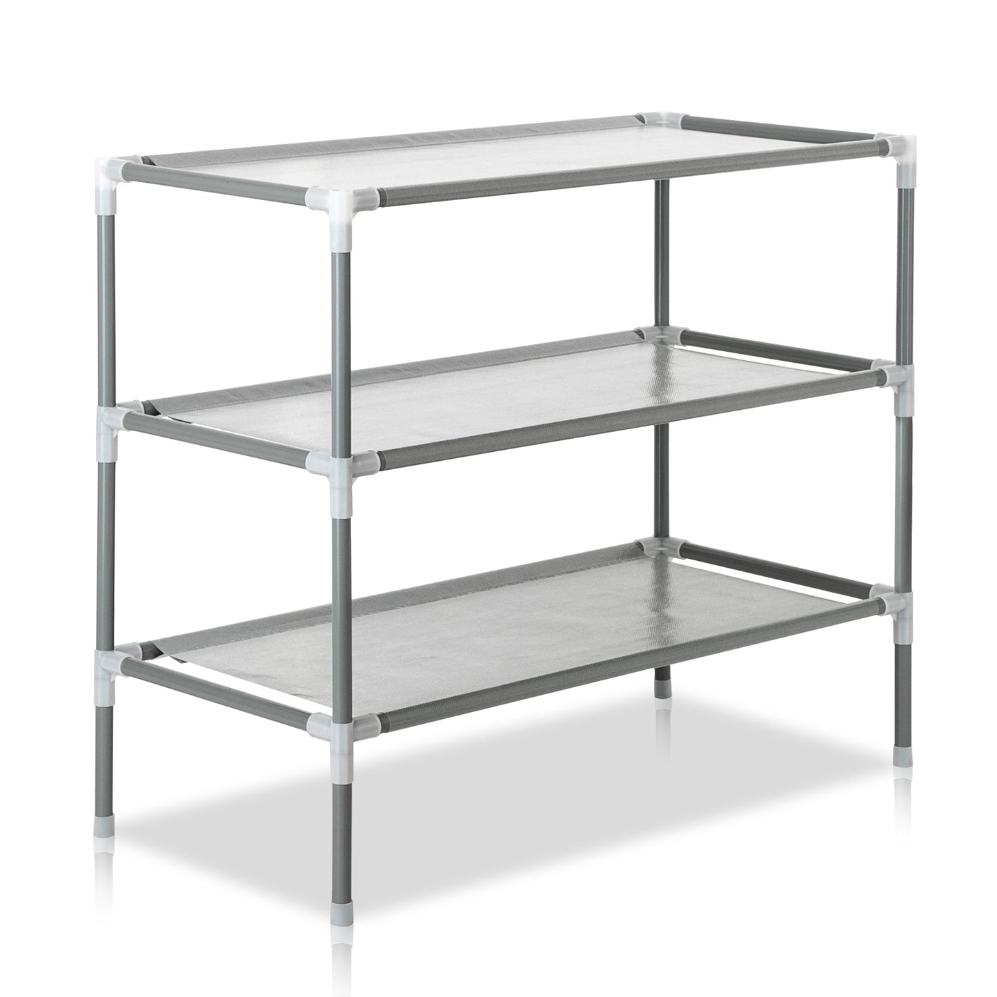Full angled view of the 3-tier gray shoe rack made from metal pipes, plastic connectors, and fabric shelves.