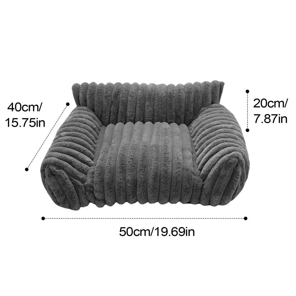 Gray textured armchair shaped pet bed with dimensions labeled on a white background