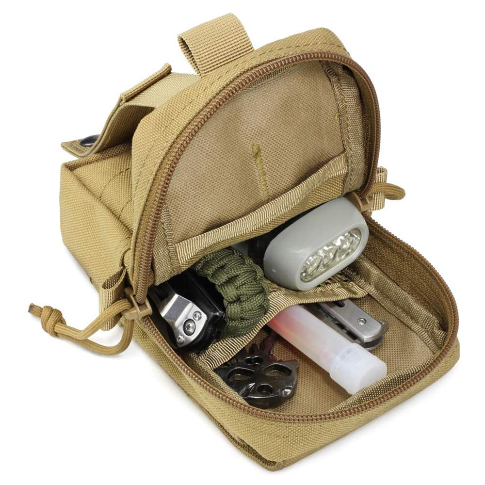 Open tactical pouch with flashlight, paracord, multitool, and emergency gear inside.