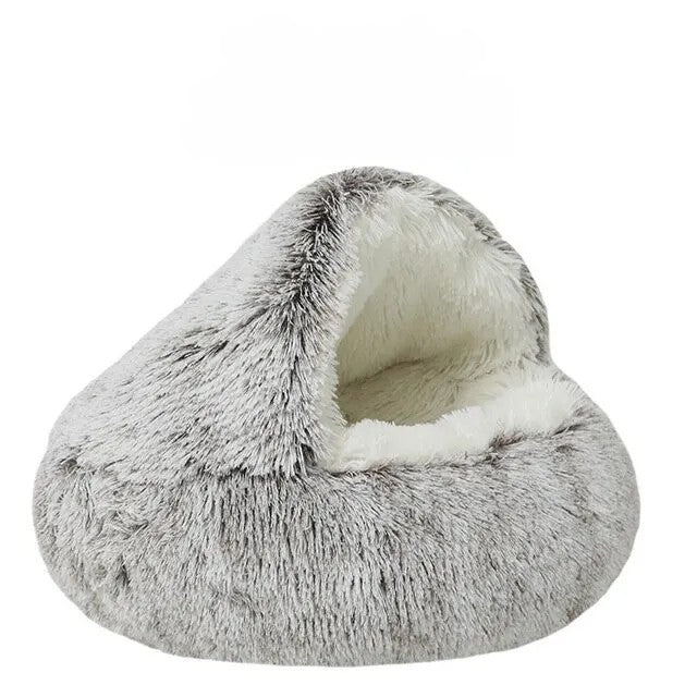 Coffee Round plush cat bed with a 2-in-1 covered nest design for small dogs and cats in a white back ground.