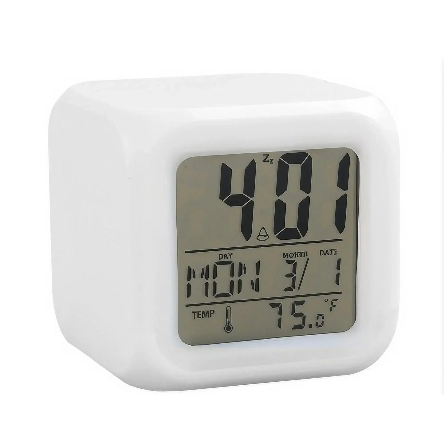 White LED digital alarm clock with a grey monochrome screen showing time 4:01, date as Monday 3/1, and temperature 75.0°F, set against a white background for a clean aesthetic.