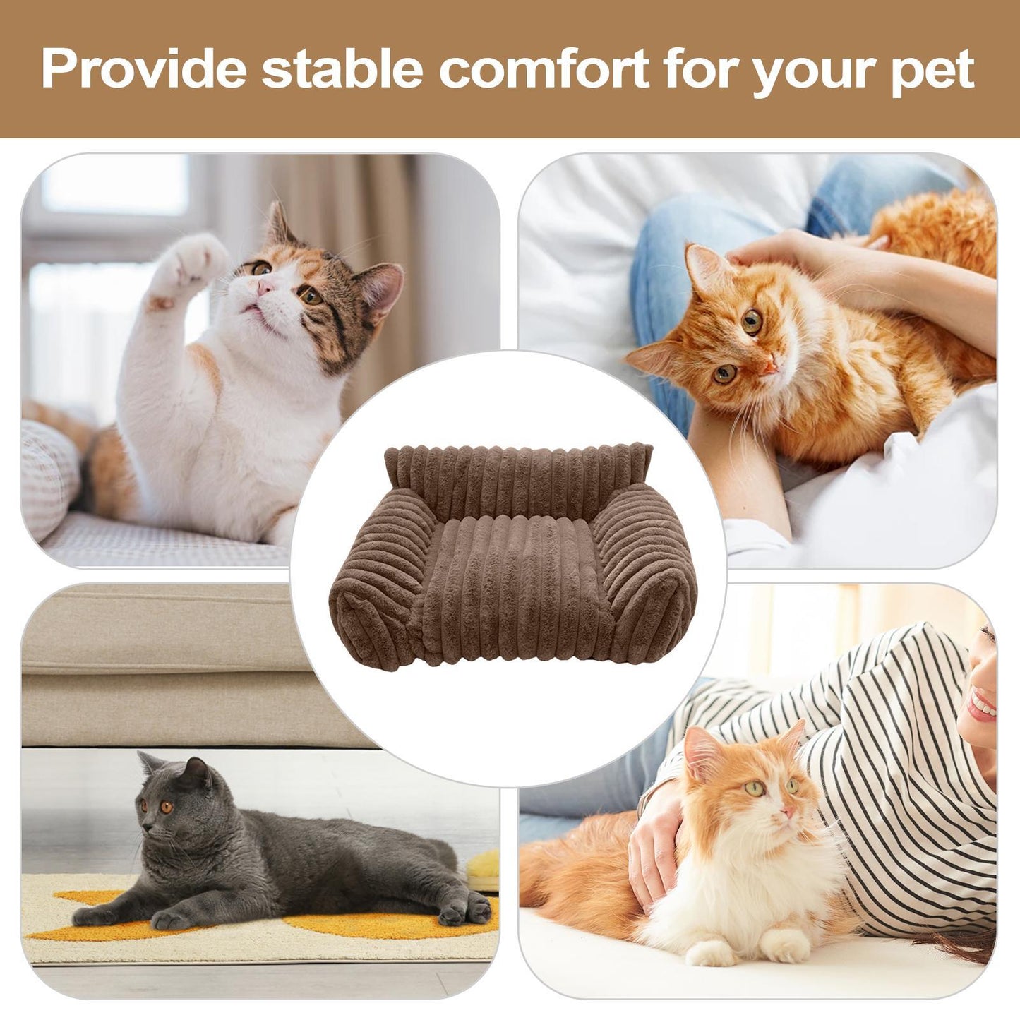 Pet furniture with cats using it and text 'Provide stable comfort for your pet'.