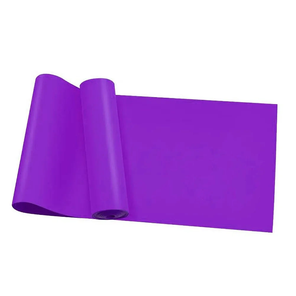 Purple Resistance Band – Flat Latex Material for Stretching and Exercise. A vivid purple latex yoga resistance band partially unrolled on a white background. The band has a glossy, flexible texture and is shown in a relaxed state. Its smooth, uncreased surface and rolled edge suggest it's new and unused, ideal for stretching, physical therapy, or low-impact workouts.