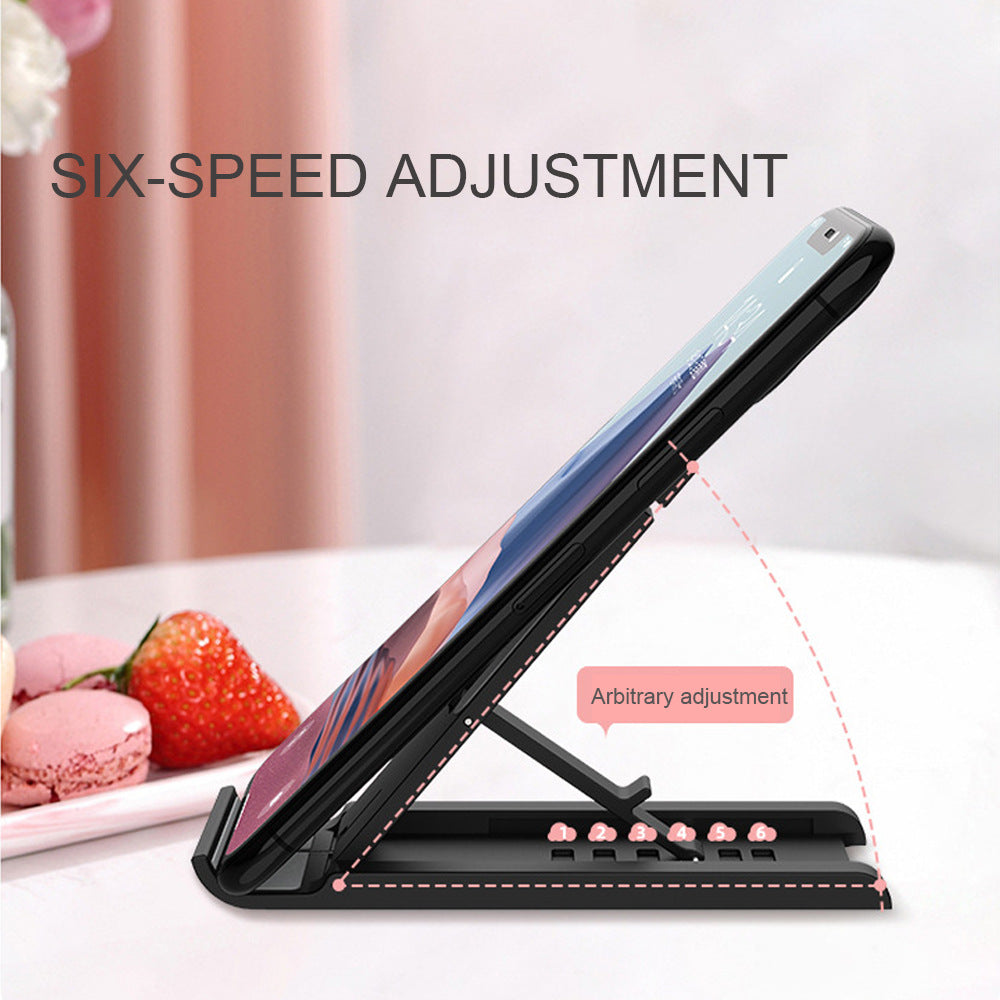 Phone placed on black adjustable stand demonstrating six viewing angles