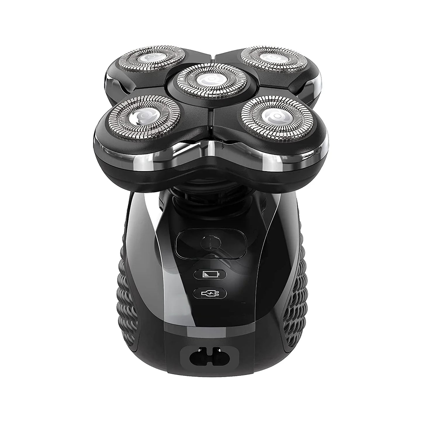 Zokoria's Close-up front view of the Balder Pro Head Shaver, featuring five circular rotary blades and a power button interface.