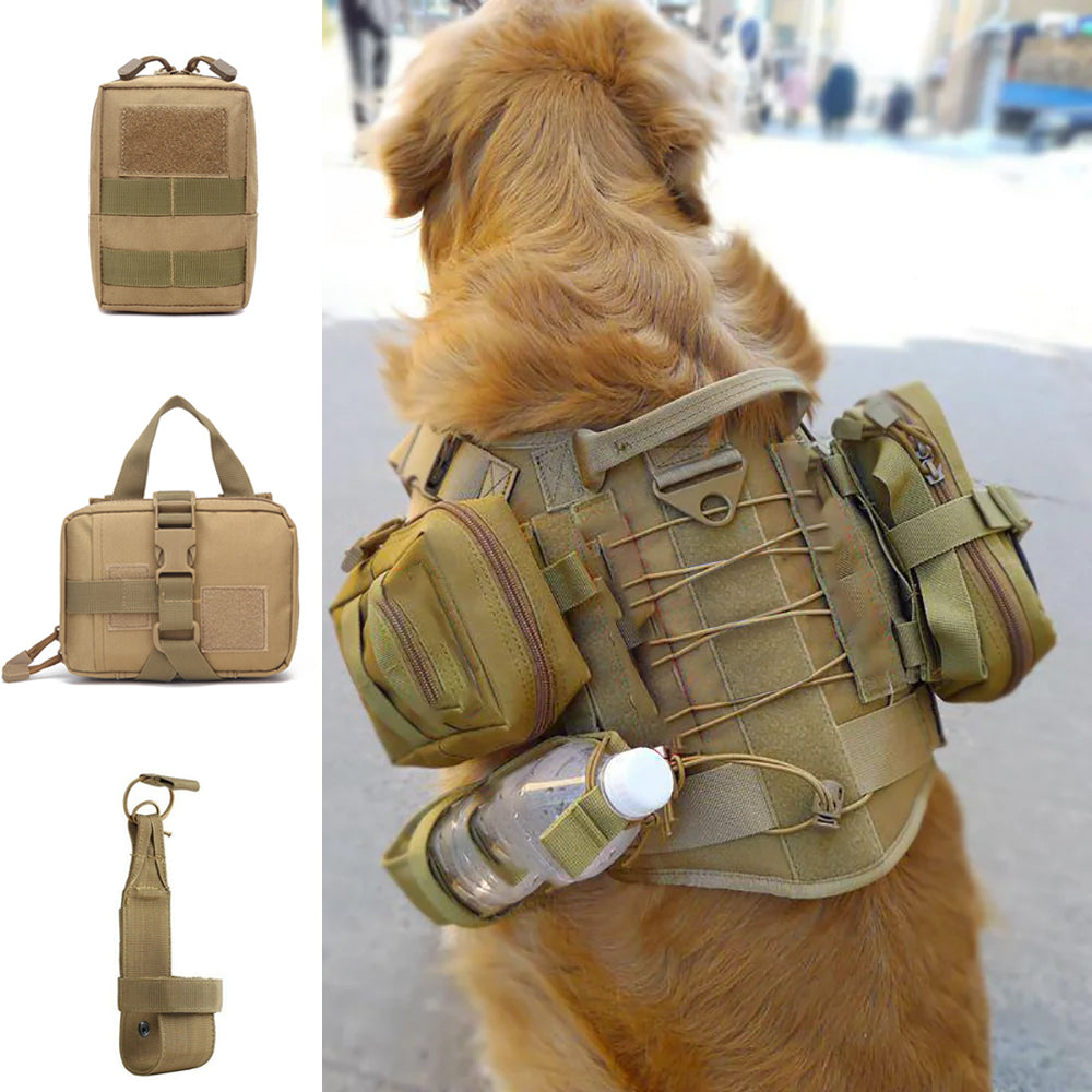 Golden Retriever wearing a tactical harness loaded with multiple MOLLE pouches and a water bottle.