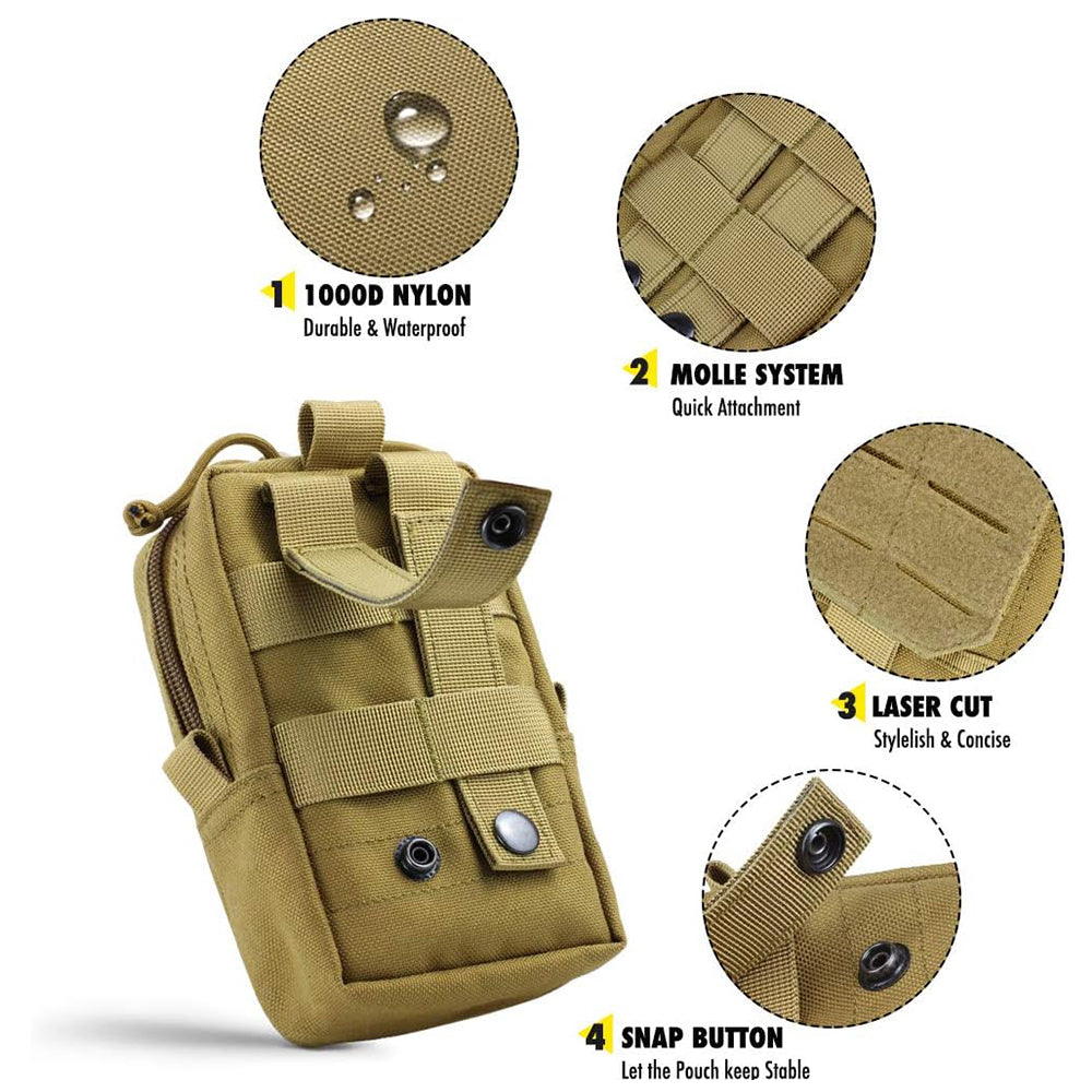 Breakdown of tan MOLLE pouch features including waterproof nylon, laser cut design, and snap button stability.
