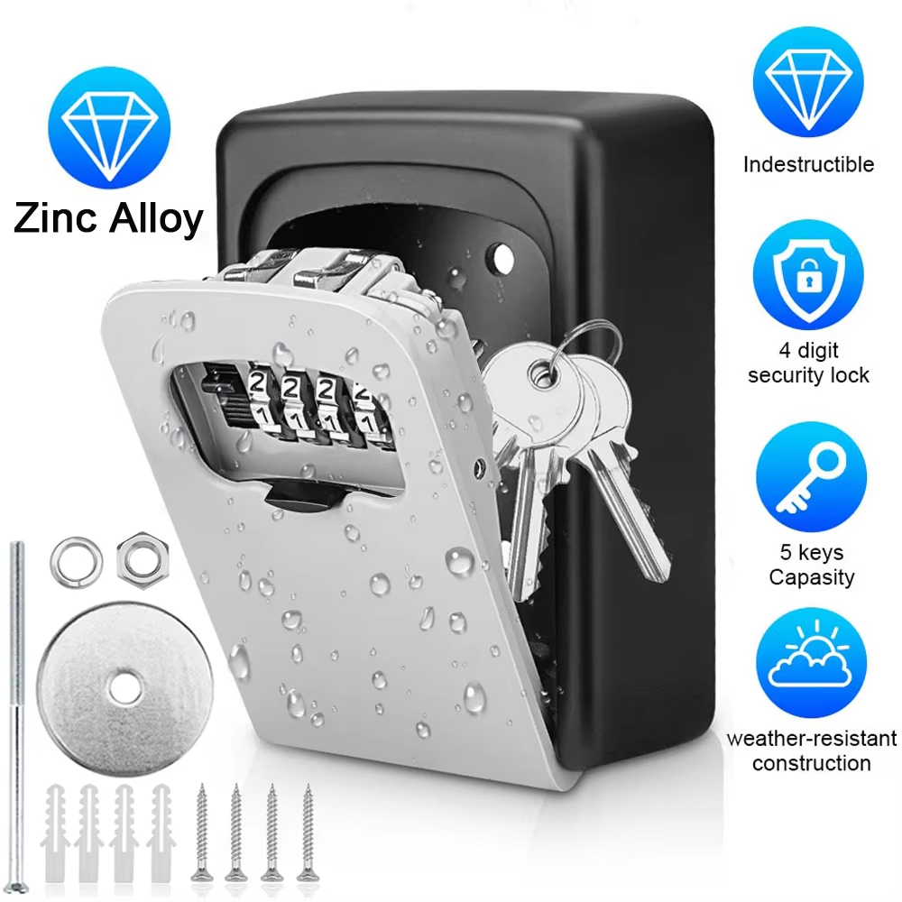 Key lock box shown open with keys inserted, water droplets on the surface to indicate weather resistance. Icons highlight 4-digit security, waterproofing, and key capacity.