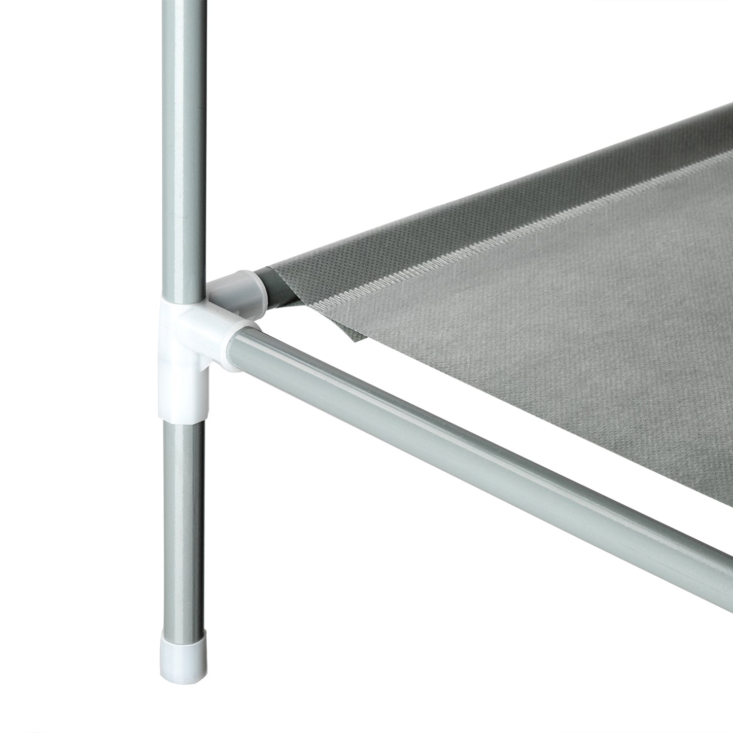 Zoomed-in detail of fabric wrap and plastic joint showing how the shelves connect to the metal frame.