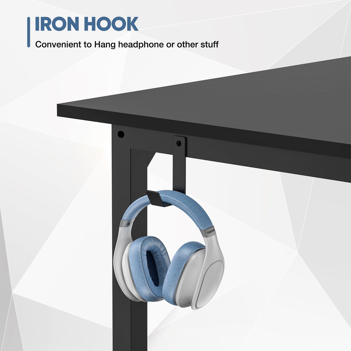 Blue and white headphones hanging from an iron hook on the side of a black table.