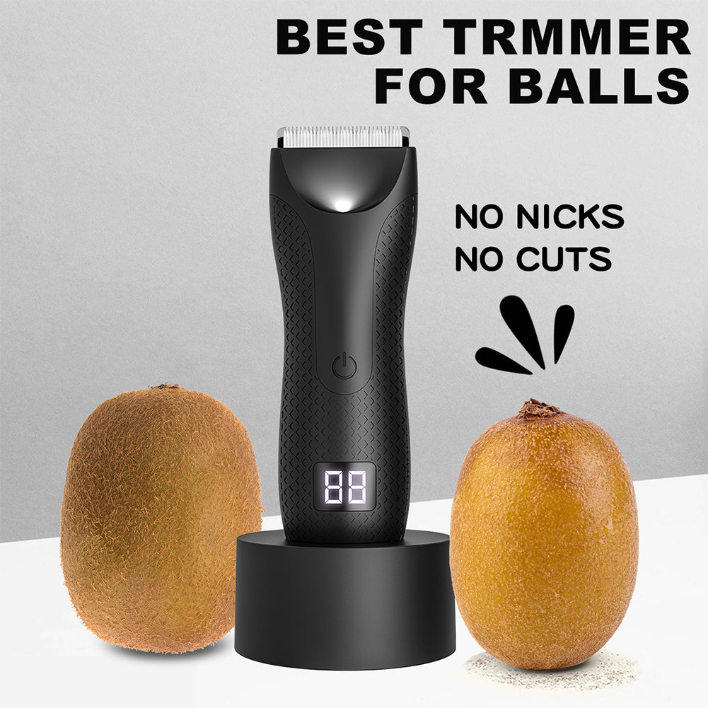 Grooming trimmer displayed humorously between two kiwis with the label “Best trimmer for balls – no nicks, no cuts.