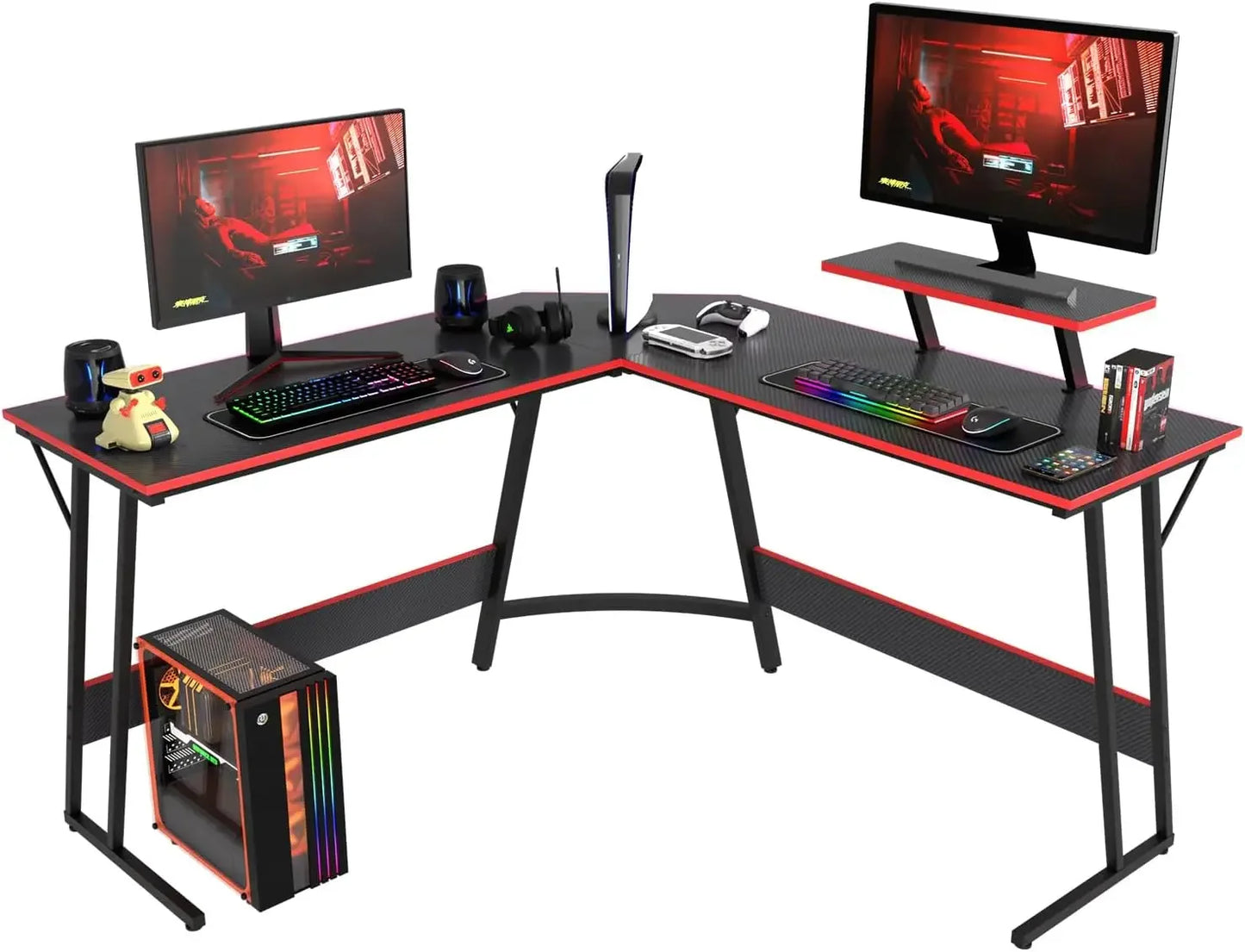 Black and red L-shaped gaming desk with RGB lighting and gaming accessories.