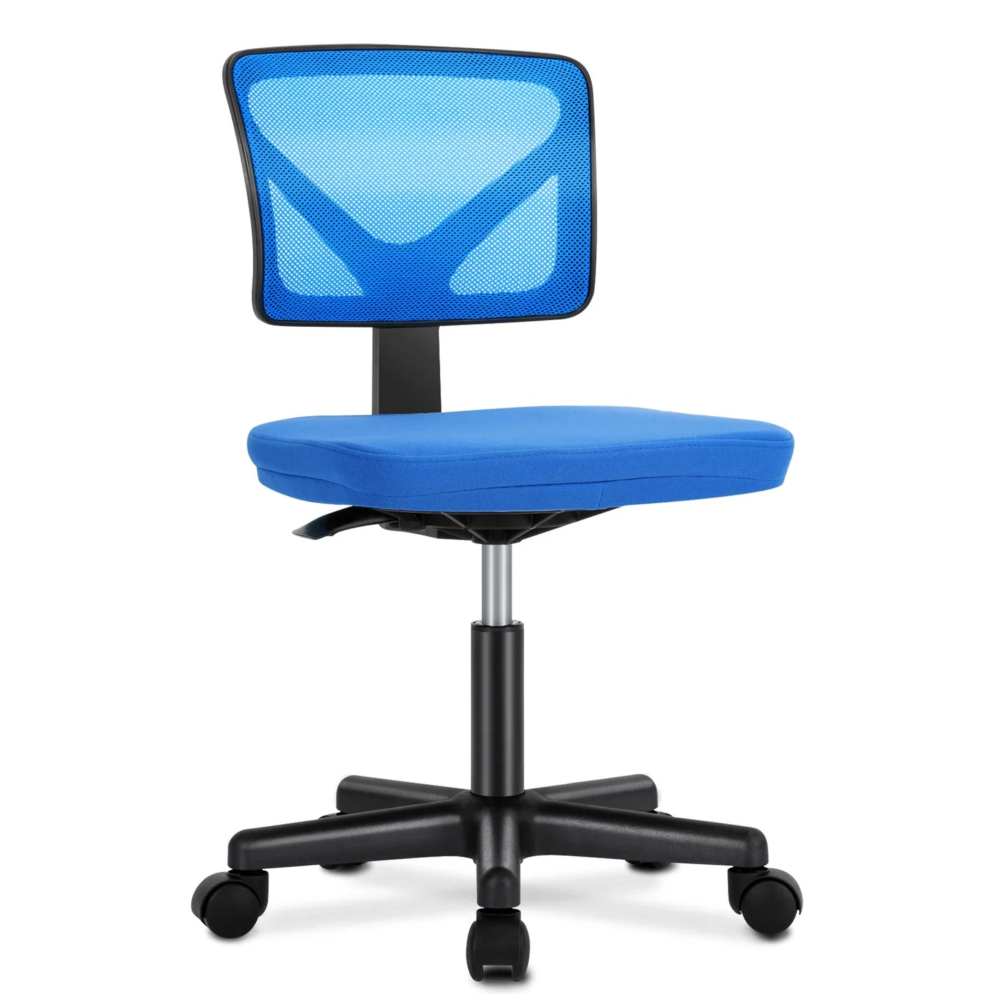 Blue mesh office chair with black base on white background