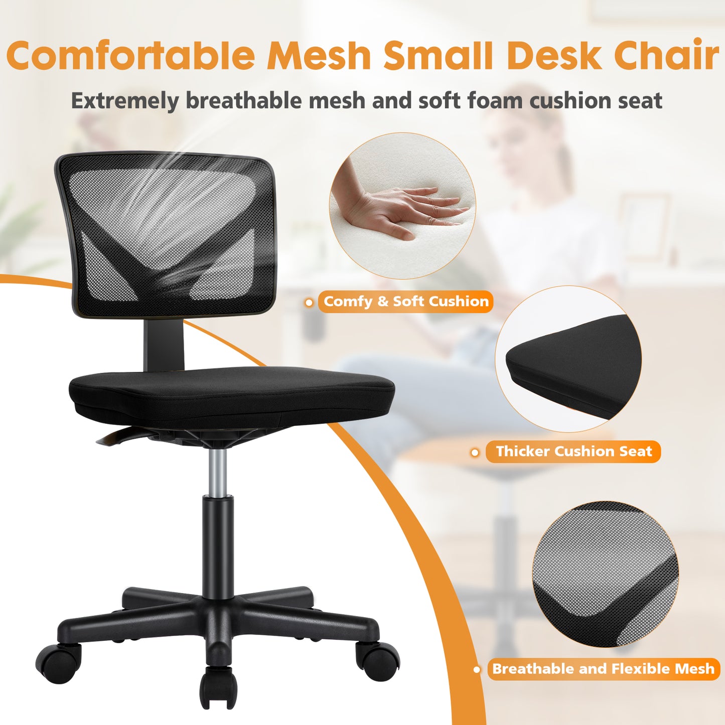 Front view of the chair emphasizing soft cushion, breathable mesh, and ergonomic backrest