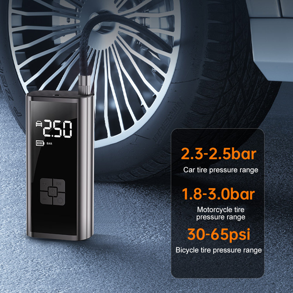 Electric tire inflator showing car tire pressure range next to car wheel