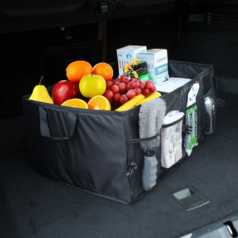 Car trunk organizer placed in vehicle trunk holding fruits and groceries