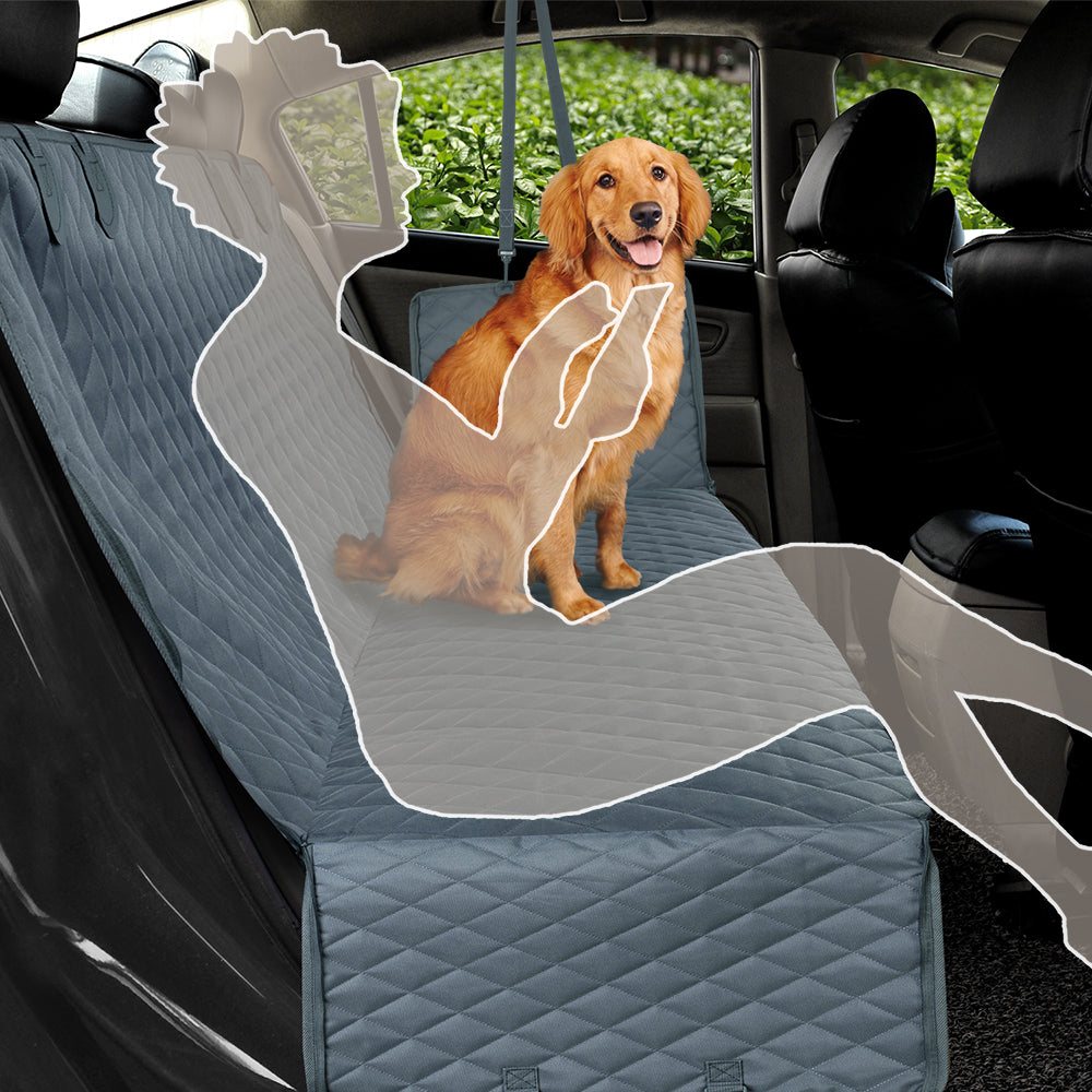 Visualization of dog and human sharing the backseat with pet protector cover in place.