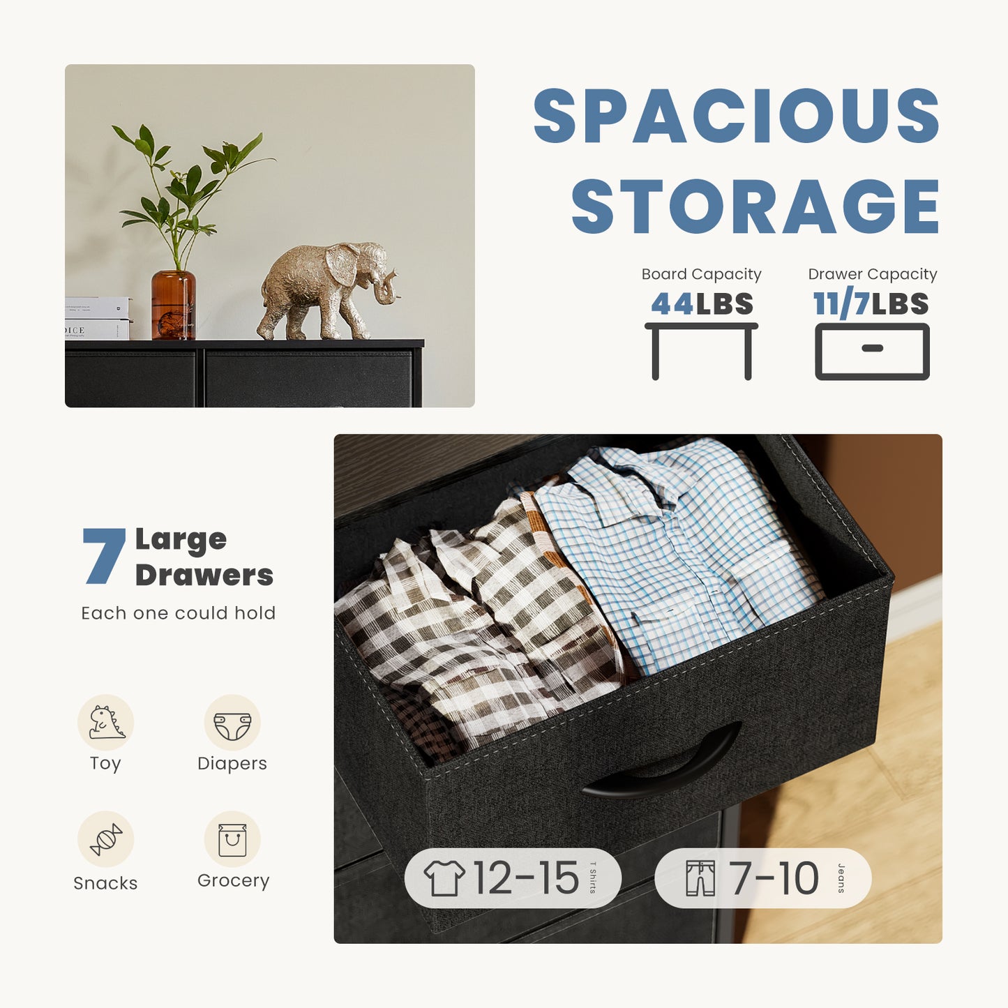 Storage capacity display of fabric drawer holding folded clothes, highlighting space for toys, diapers, and groceries