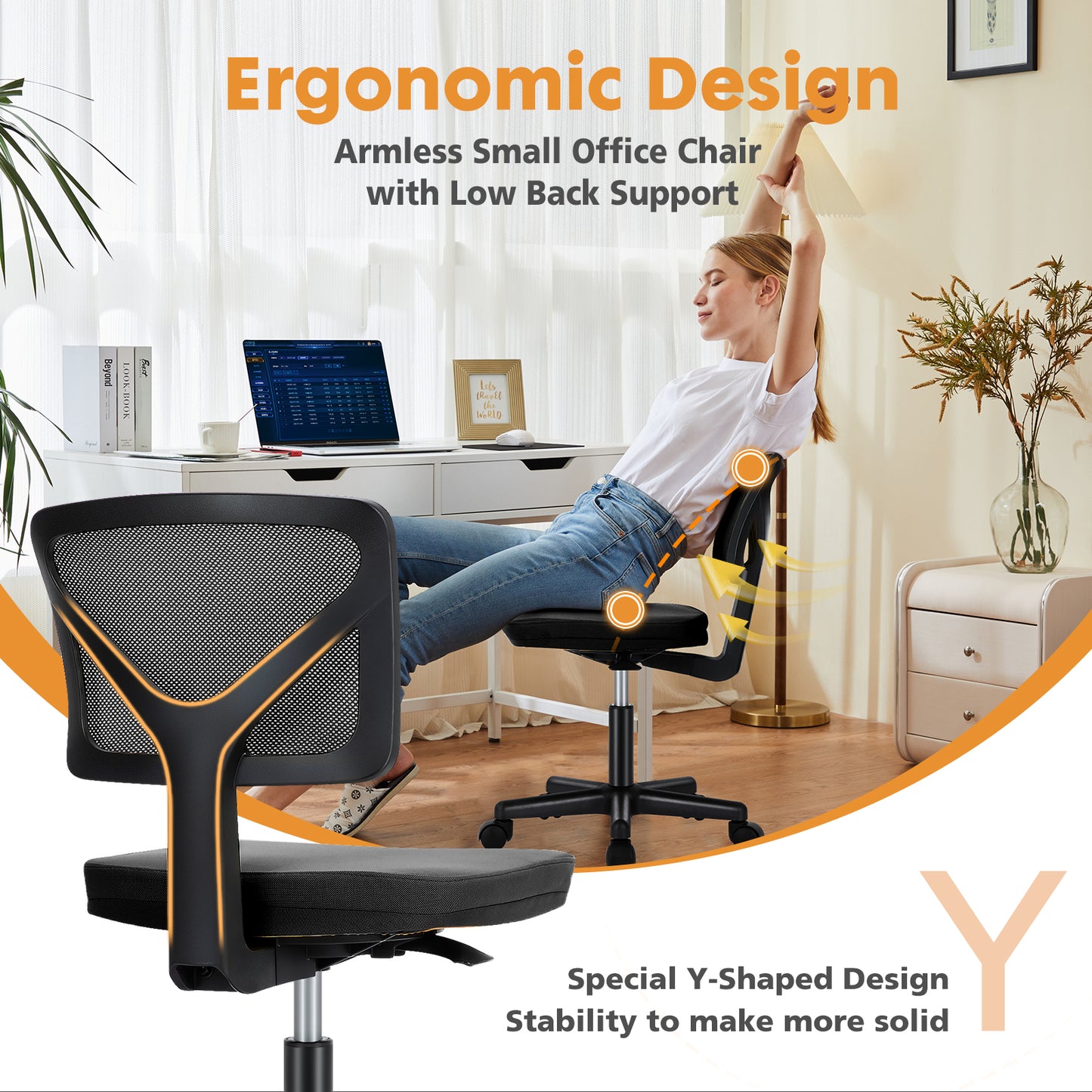 Woman leaning back comfortably in ergonomic mesh chair with lumbar support