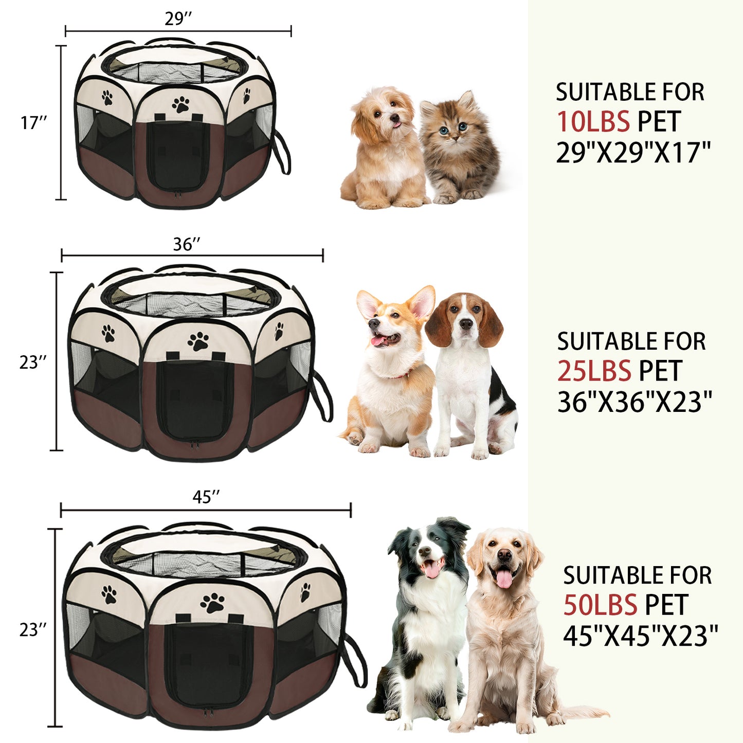 Pet playpen size chart with dog and cat examples for different weight categories