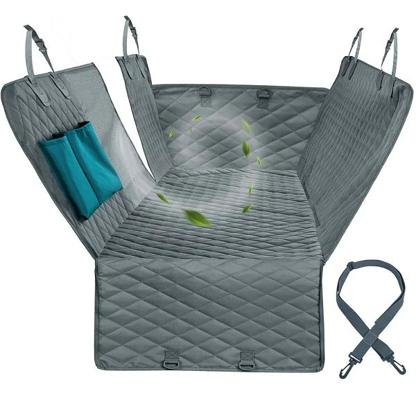 Gray quilted backseat pet hammock cover with mesh center and fresh air design.
