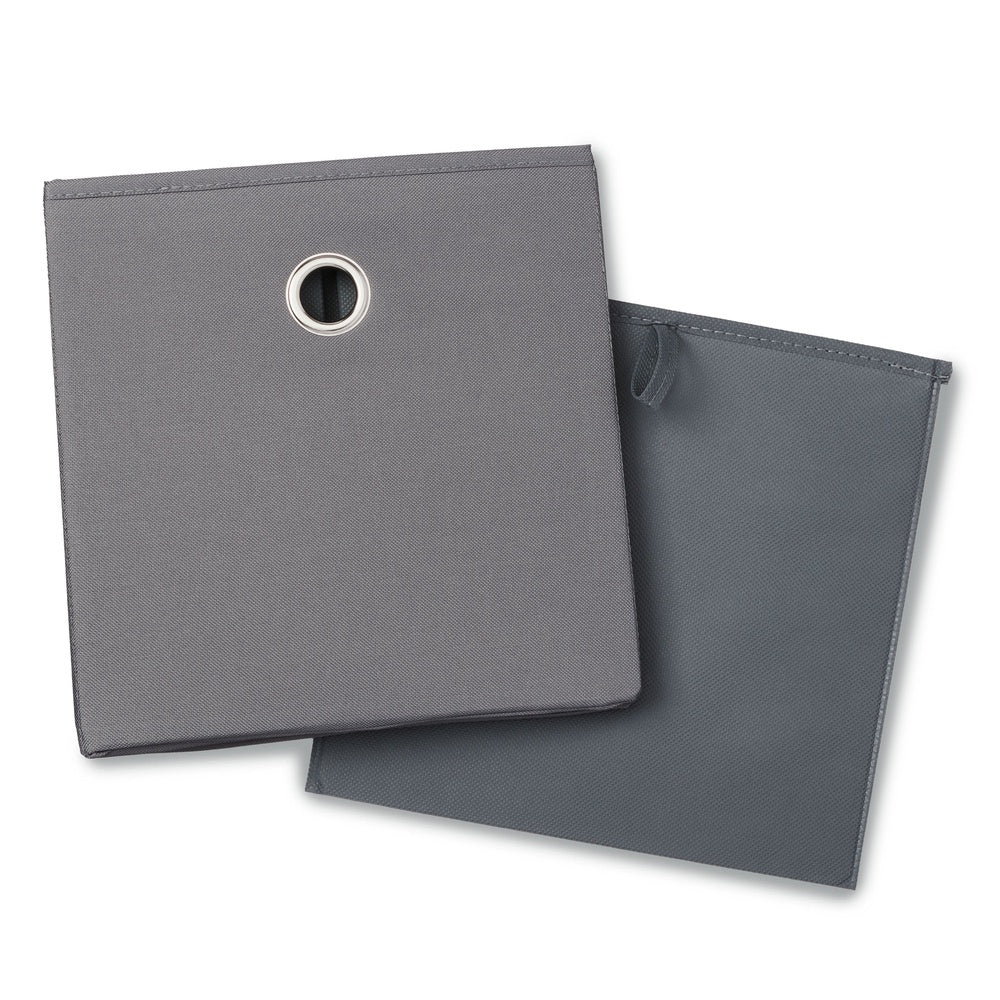 Collapsed gray storage bin showing foldable design and carrying handle