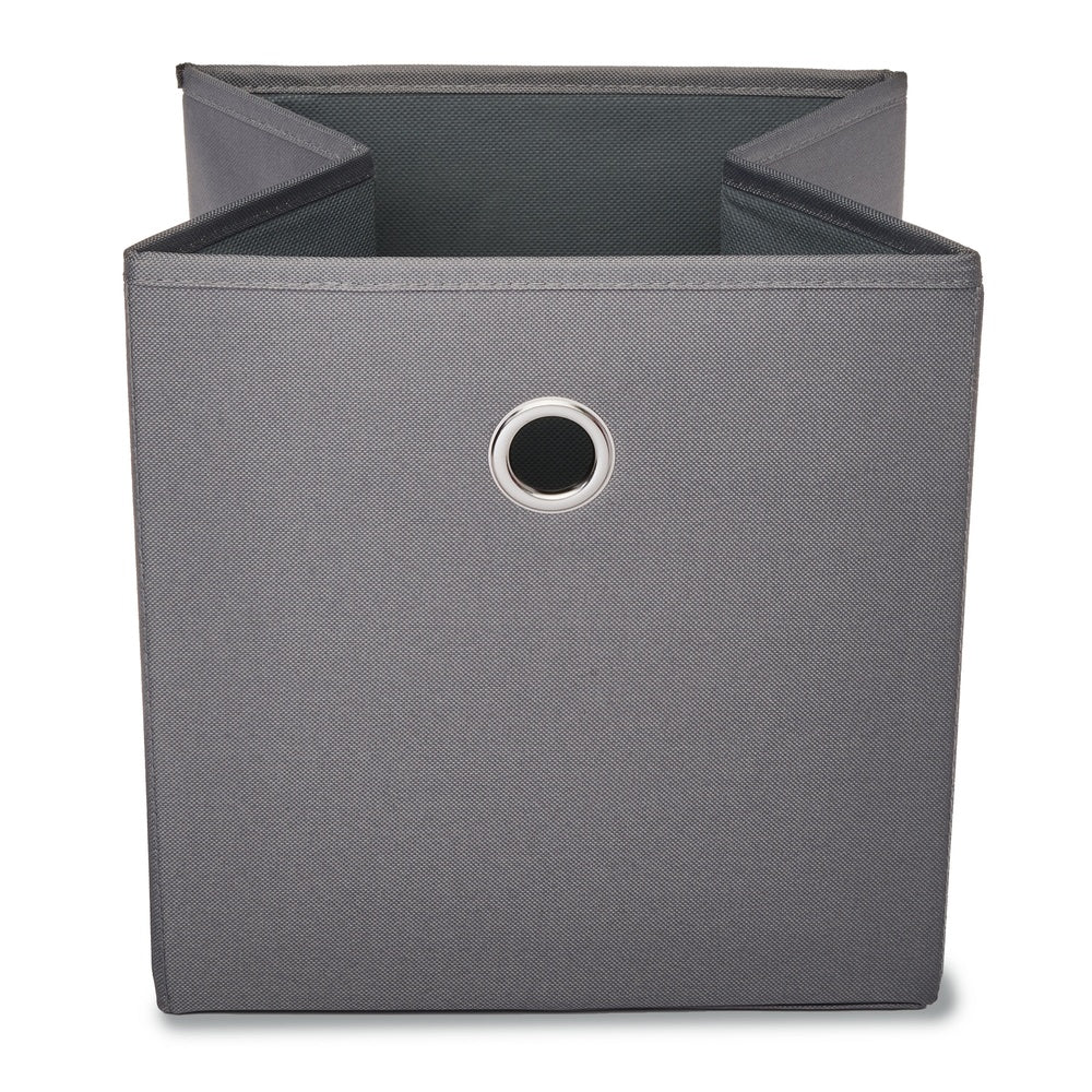 Front view of a single gray fabric storage cube with metal grommet handle