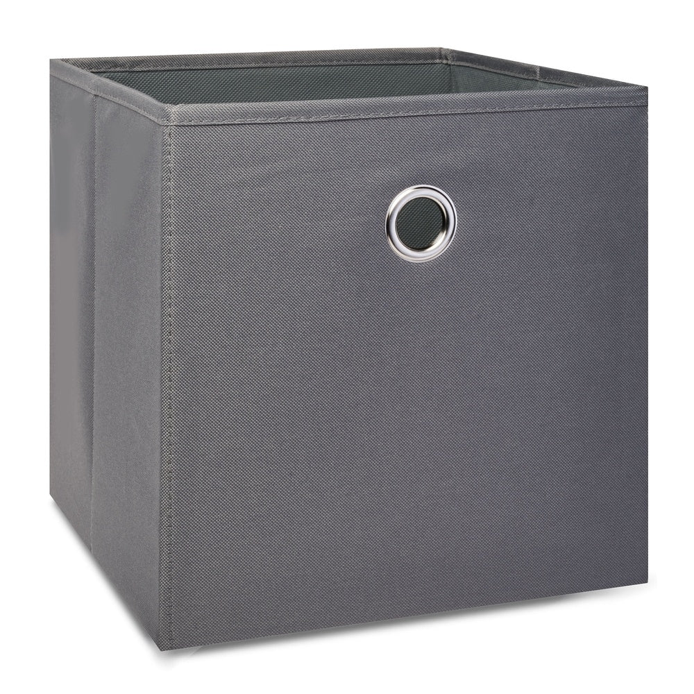 Angled side view of gray collapsible cube storage bin with metal handle