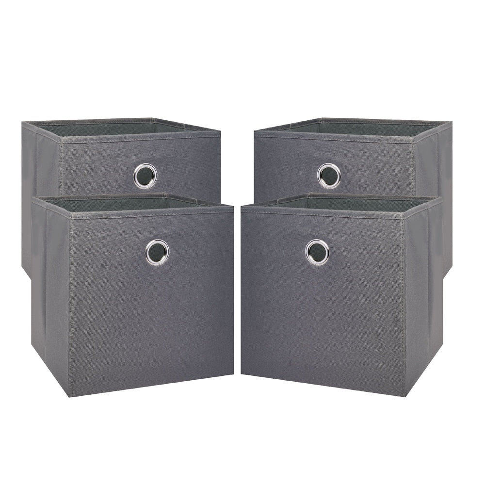 Group of four gray collapsible fabric storage cubes with metal grommets