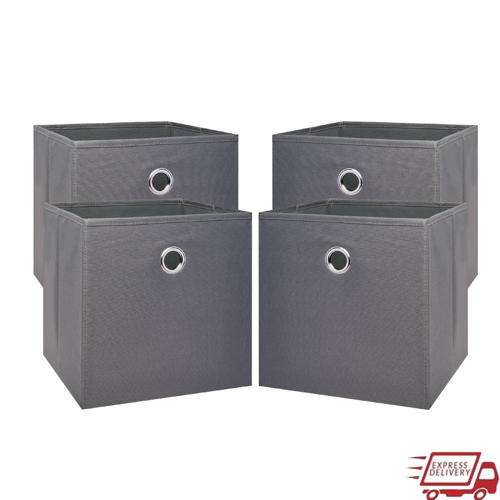 Set of four gray cube storage bins shown with express delivery badge