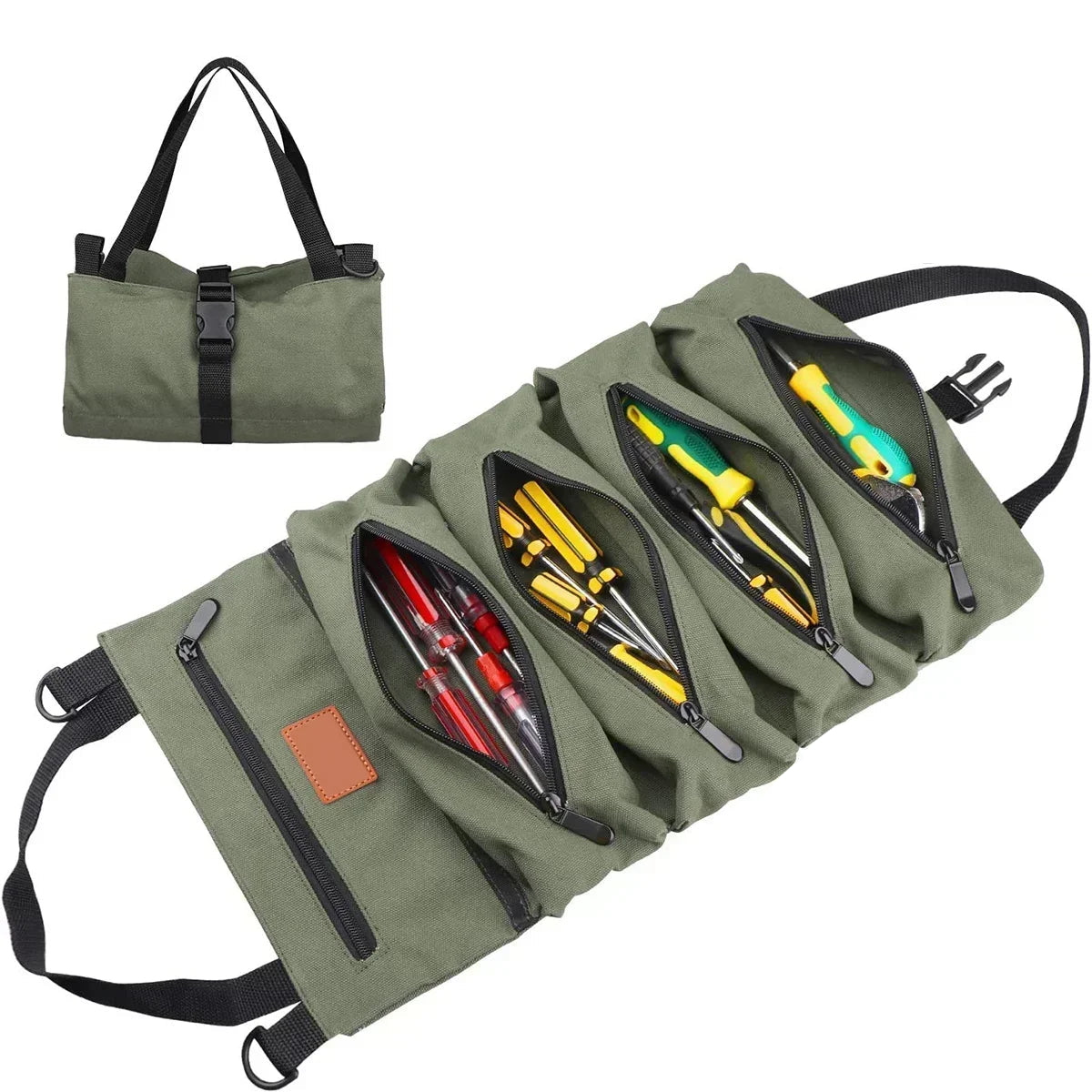 Green canvas tool roll bag shown rolled up with handles and unrolled to display five compartments filled with screwdrivers and tools.