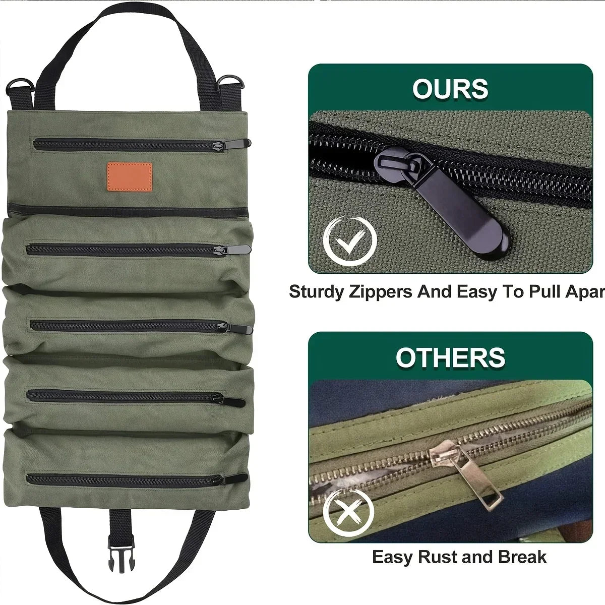 Green canvas tool roll with five zippered compartments shown beside a close-up comparison of high-quality black zipper labeled 'OURS' and a lower-quality metal zipper labeled 'OTHERS', highlighting durability and rust resistance.