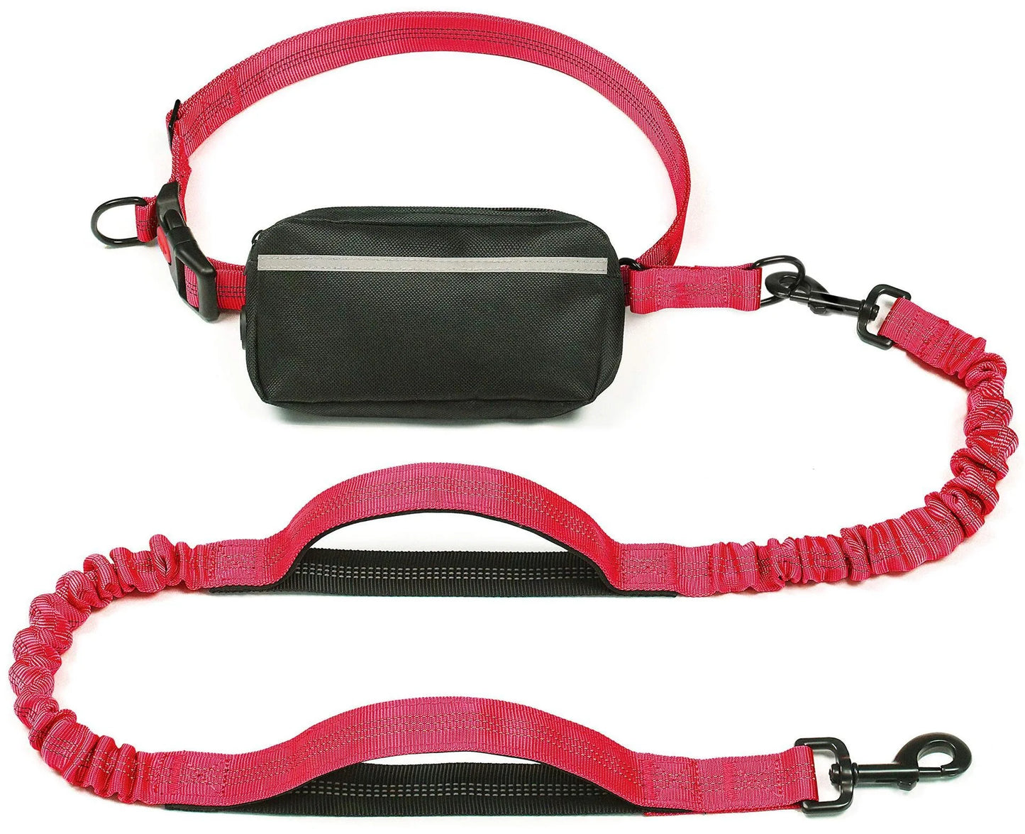 Hands-free dog leash with removable pouch in red, worn around waist with active dog pulling forward