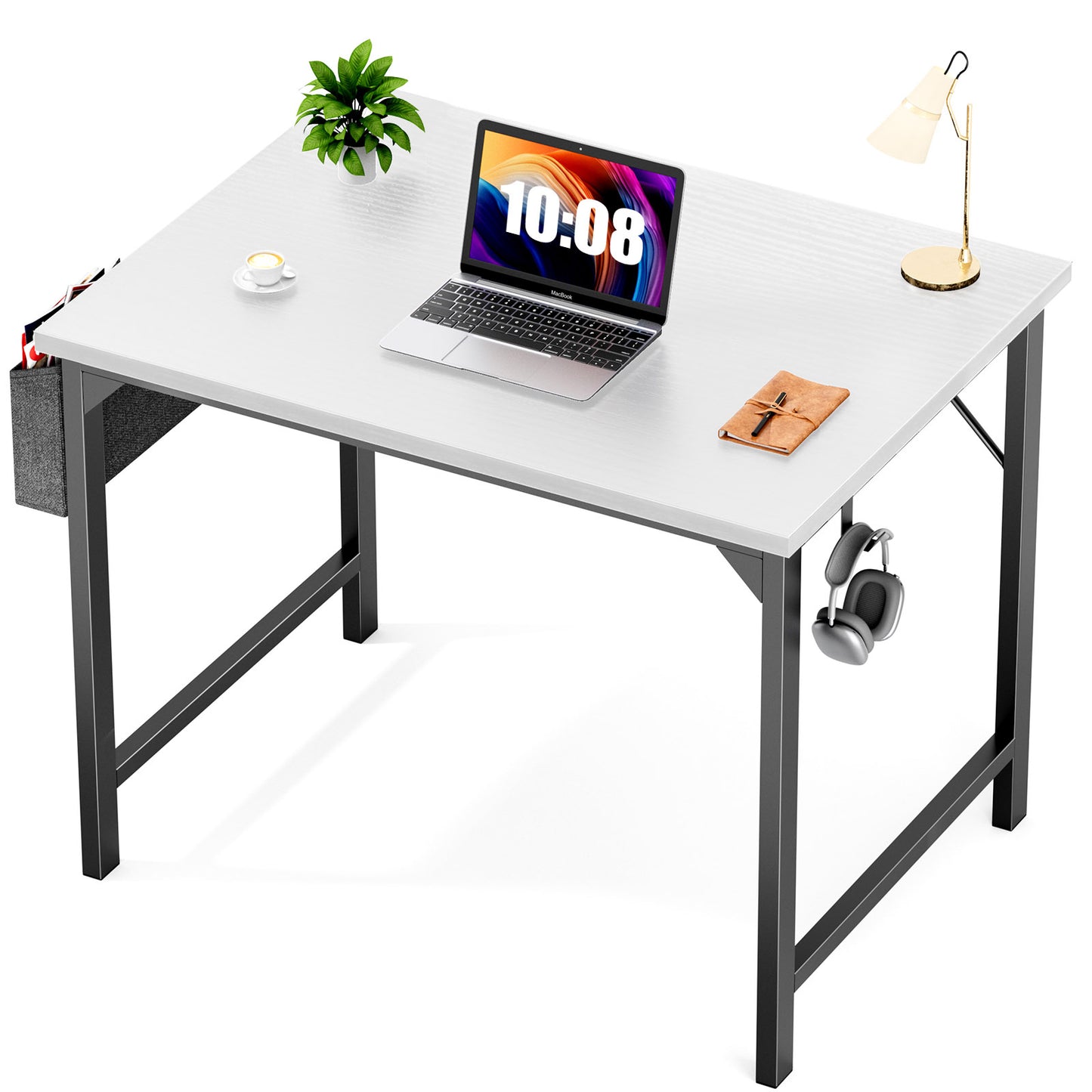 Large white desktop with laptop, lamp, and side fabric storage basket on black frame