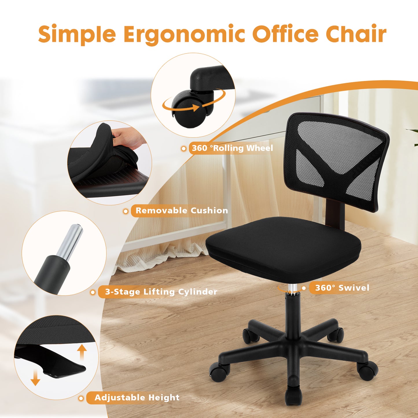 Highlight of rolling wheels, removable cushion, lifting cylinder, and 360° swivel features