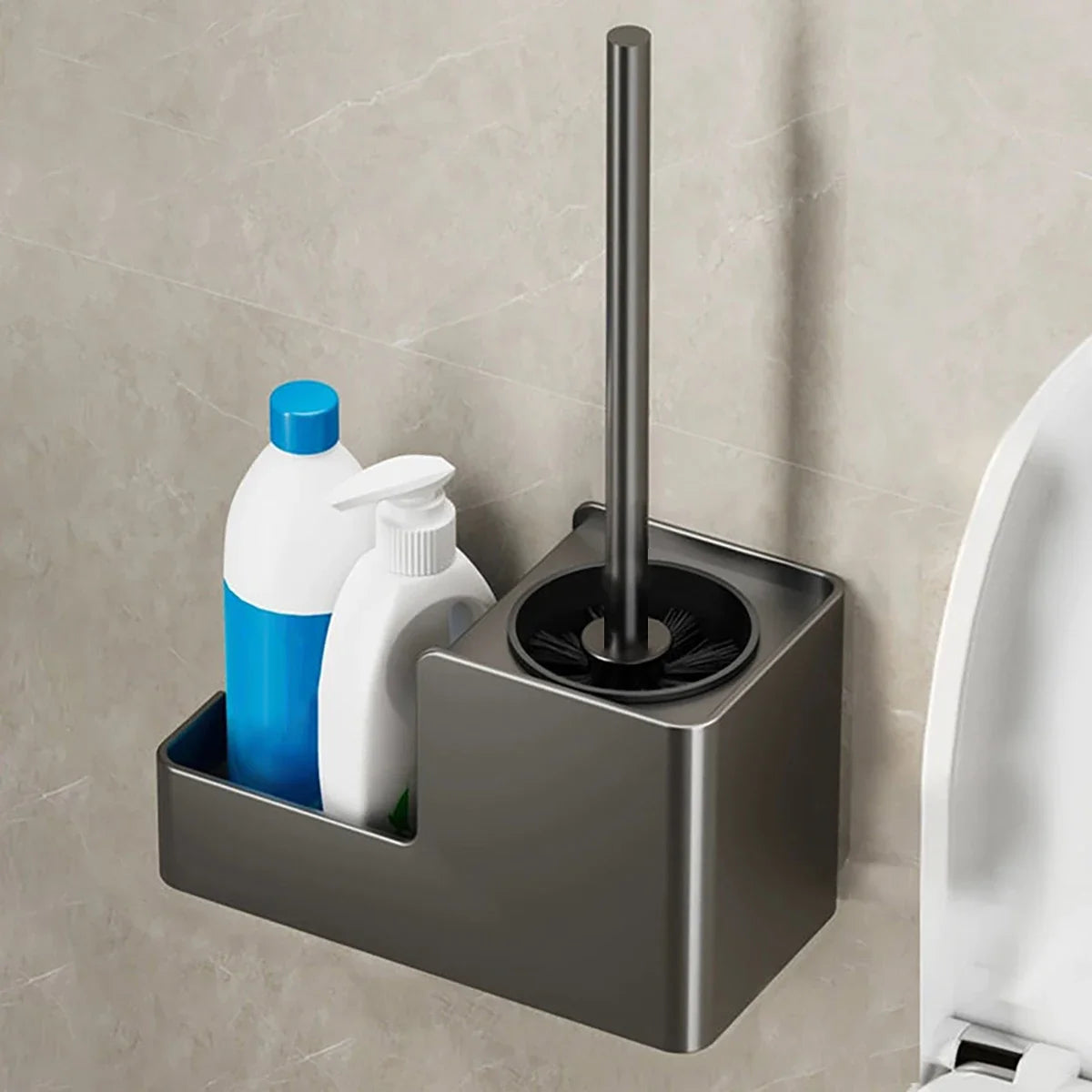 Metallic gray toilet brush set with storage and wall-mounted design