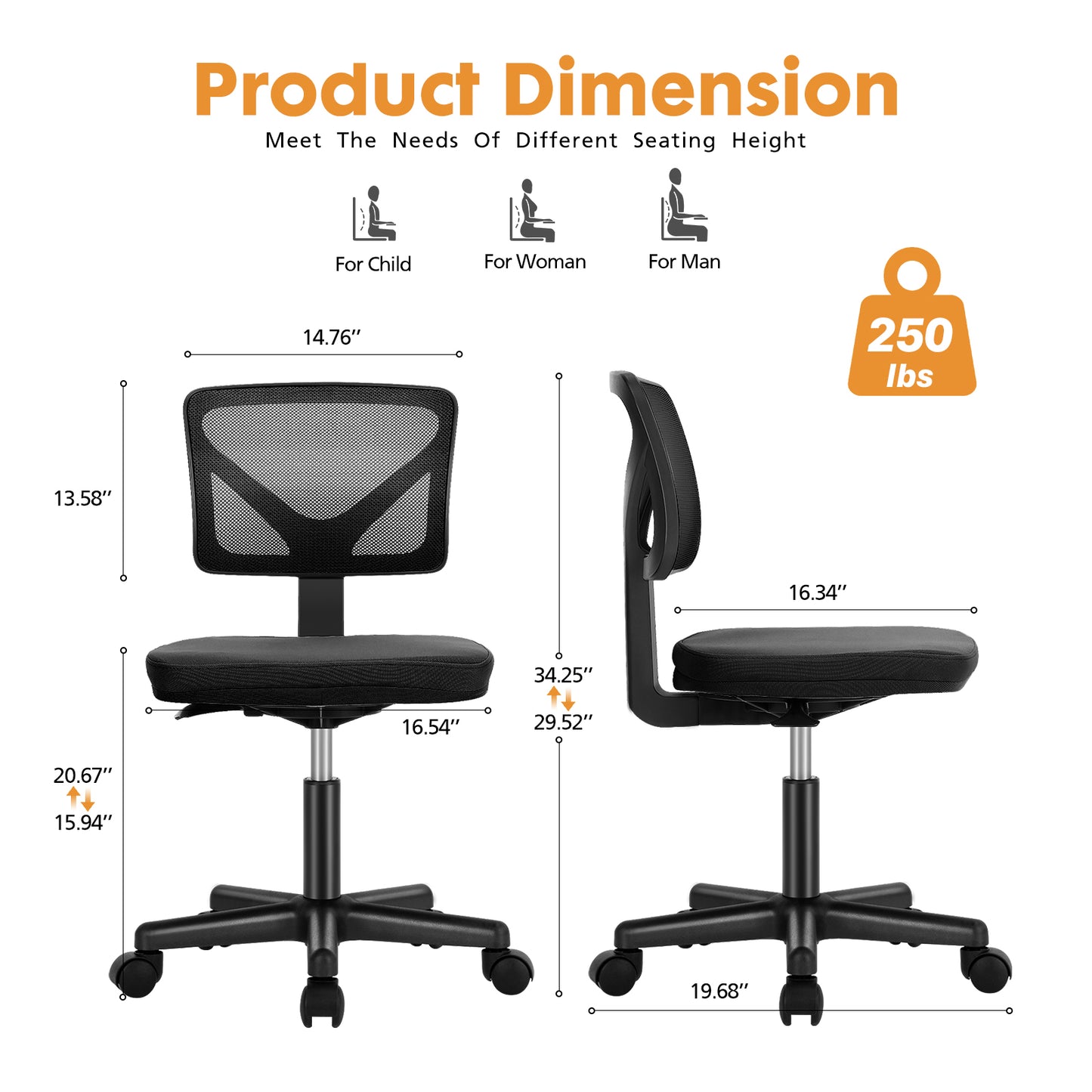 Product dimension diagram of the office chair with labeled measurements