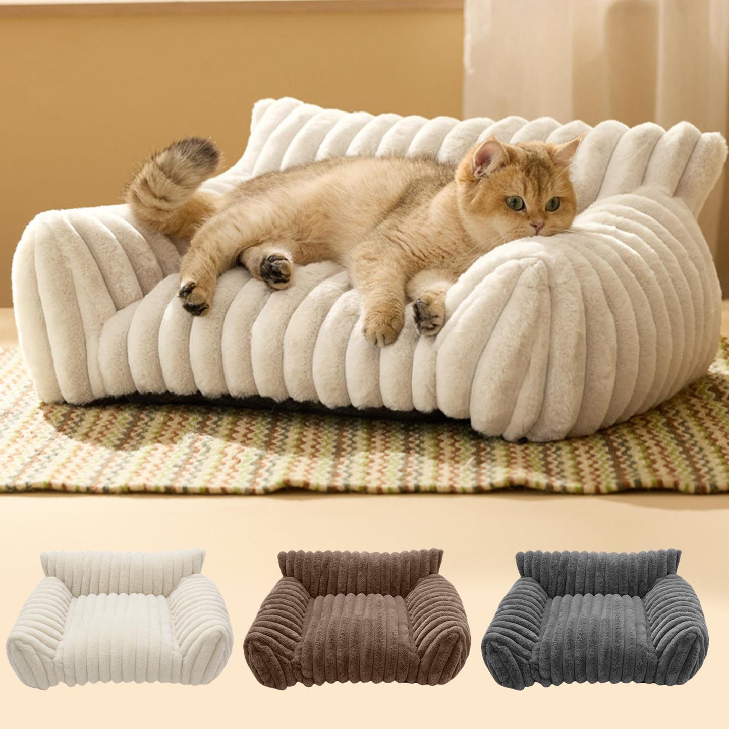 Cat lying on a plush pet bed with color options displayed below.