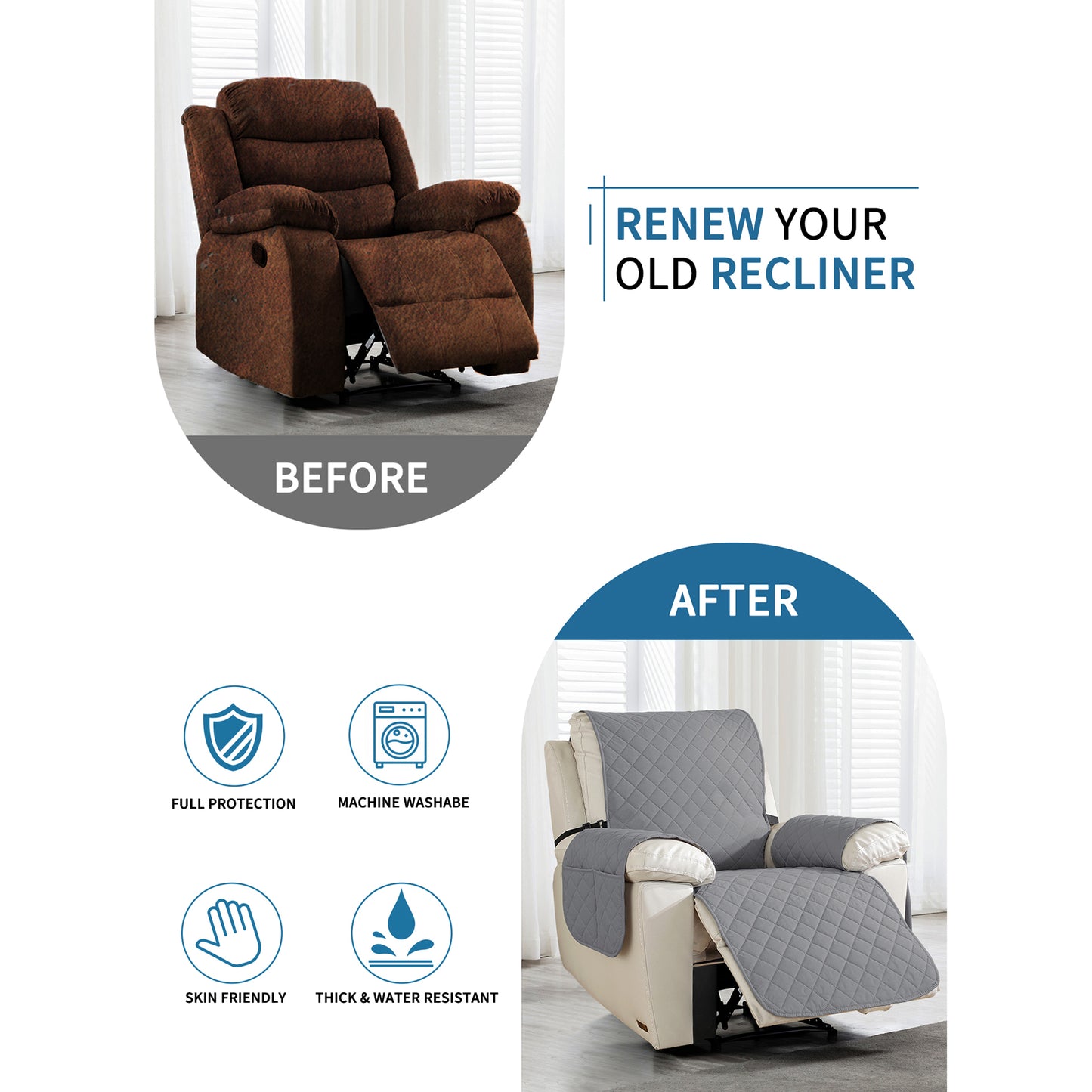 Before-and-after comparison of recliner without and with gray protective cover plus icons for protection and water resistance